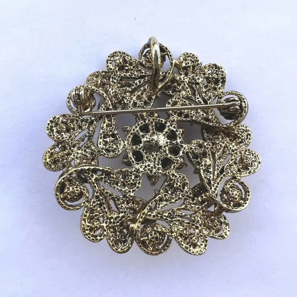 Statement Piece Brooch Costume Jewelry Gold Red Clear Rhinestones Party